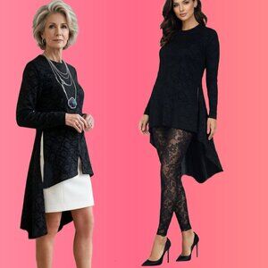 VIVA K Elegant Black Velvety Lace High-Low Asymmetrical Hemline Tunic Sz L